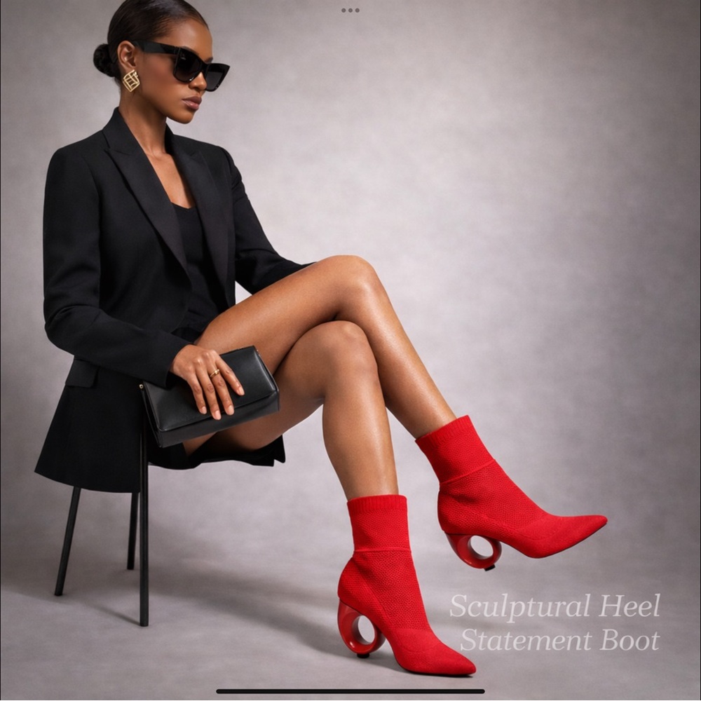 Red Sculptural Heel Sock Boot Circular Heel Statement Ankle Boot 11 NWT Beyoncé